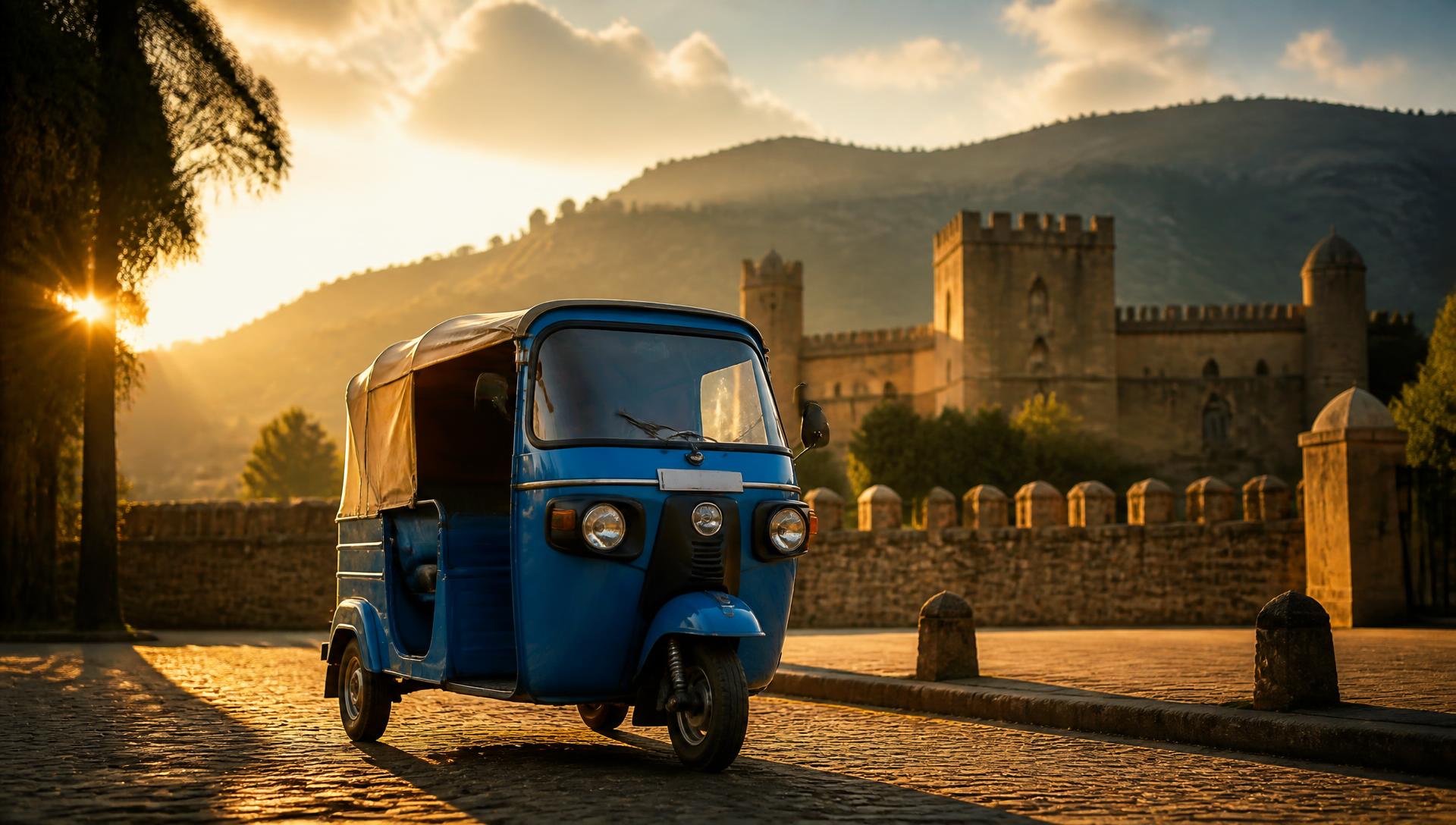 Blue bajaj three-wheeler in Gondar with Fasil Ghebbi castles at sunset